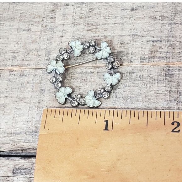 ENAMELED CLOVERS & CRYSTAL Wreath Brooch Pin - Picture 4 of 6